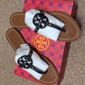 Tory Burch Black Logo Thong Sandals with Brown Footbed